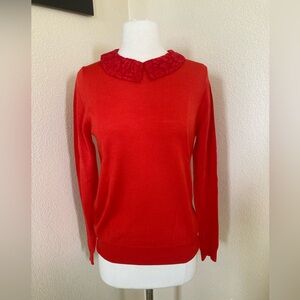 NWT J. Crew Women’s red merino wool sweater with red lace collar. Size M.